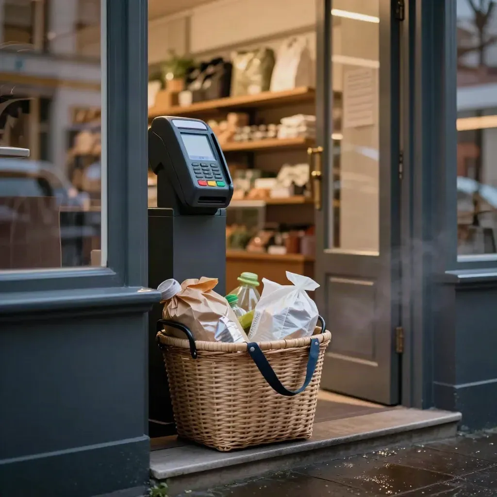 Winkelentree in de schemering met boodschappenmand, kassa en licht op de stoep