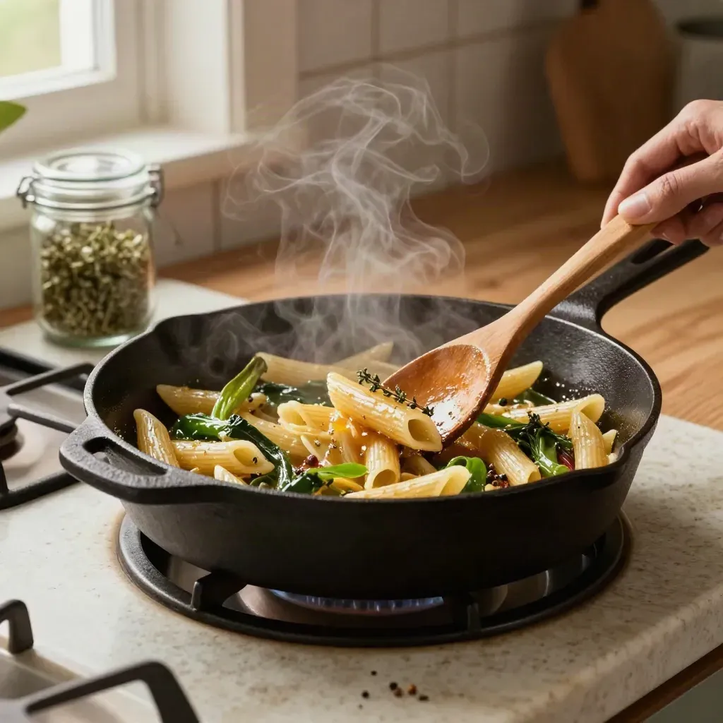 Gietijzeren pan met groenten en pasta, stoom en houten lepel op warm fornuis
