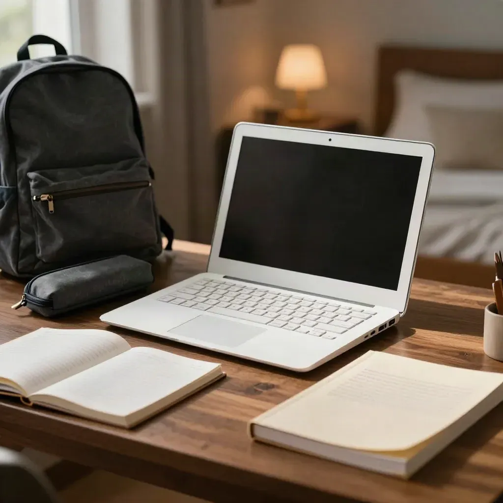 Open schoollaptop met schriften, etui en rugzak in warm avondlicht op een bureau.