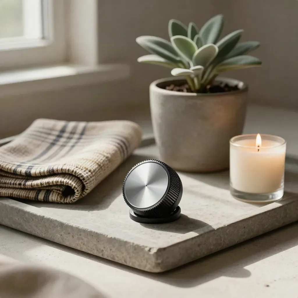 Thermostaatknop, plaid, plantenpot en kaars op een stenen tray in zacht licht.
