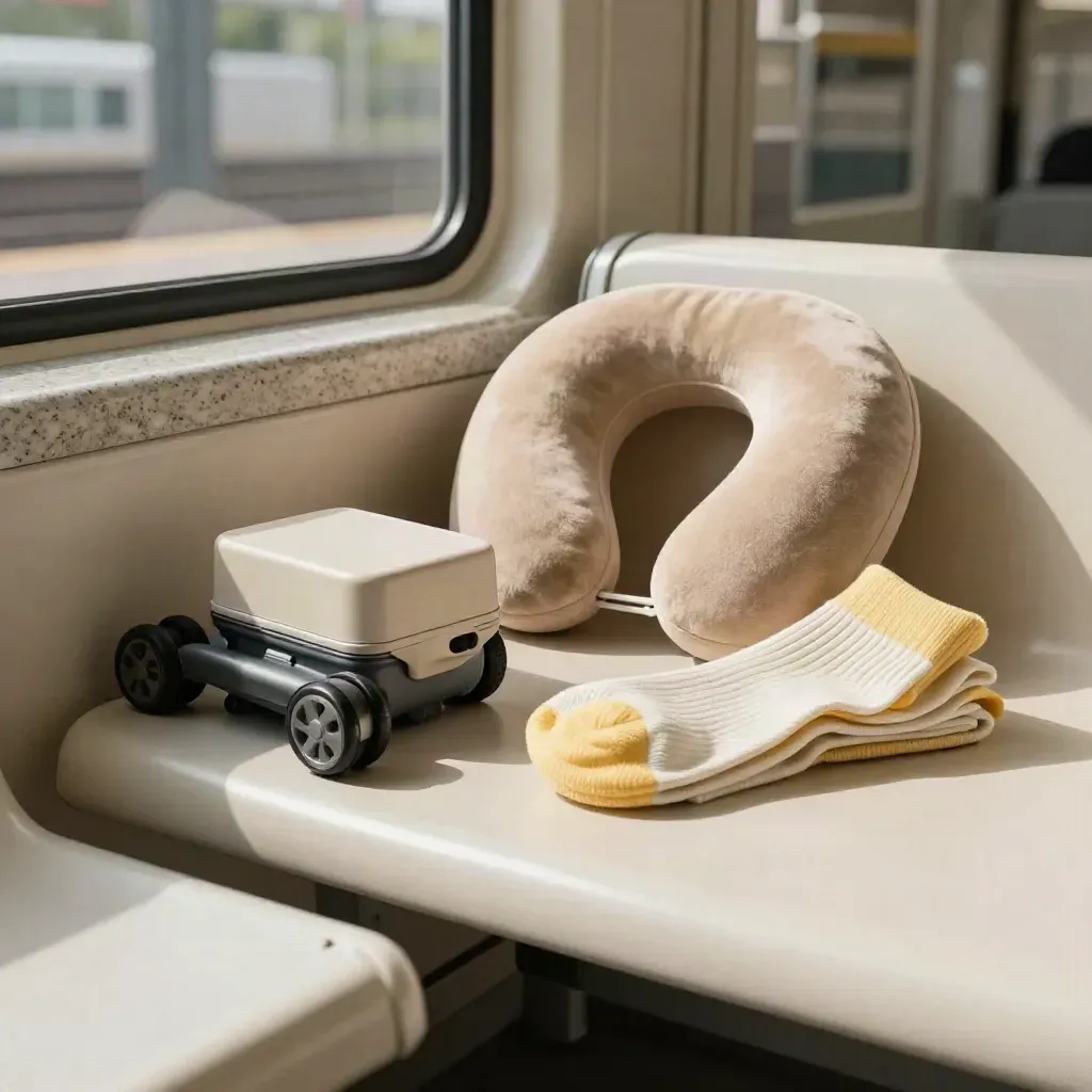 Reiswieltje, adapter, nekkussen en sokken op travertin met zacht stationslicht.